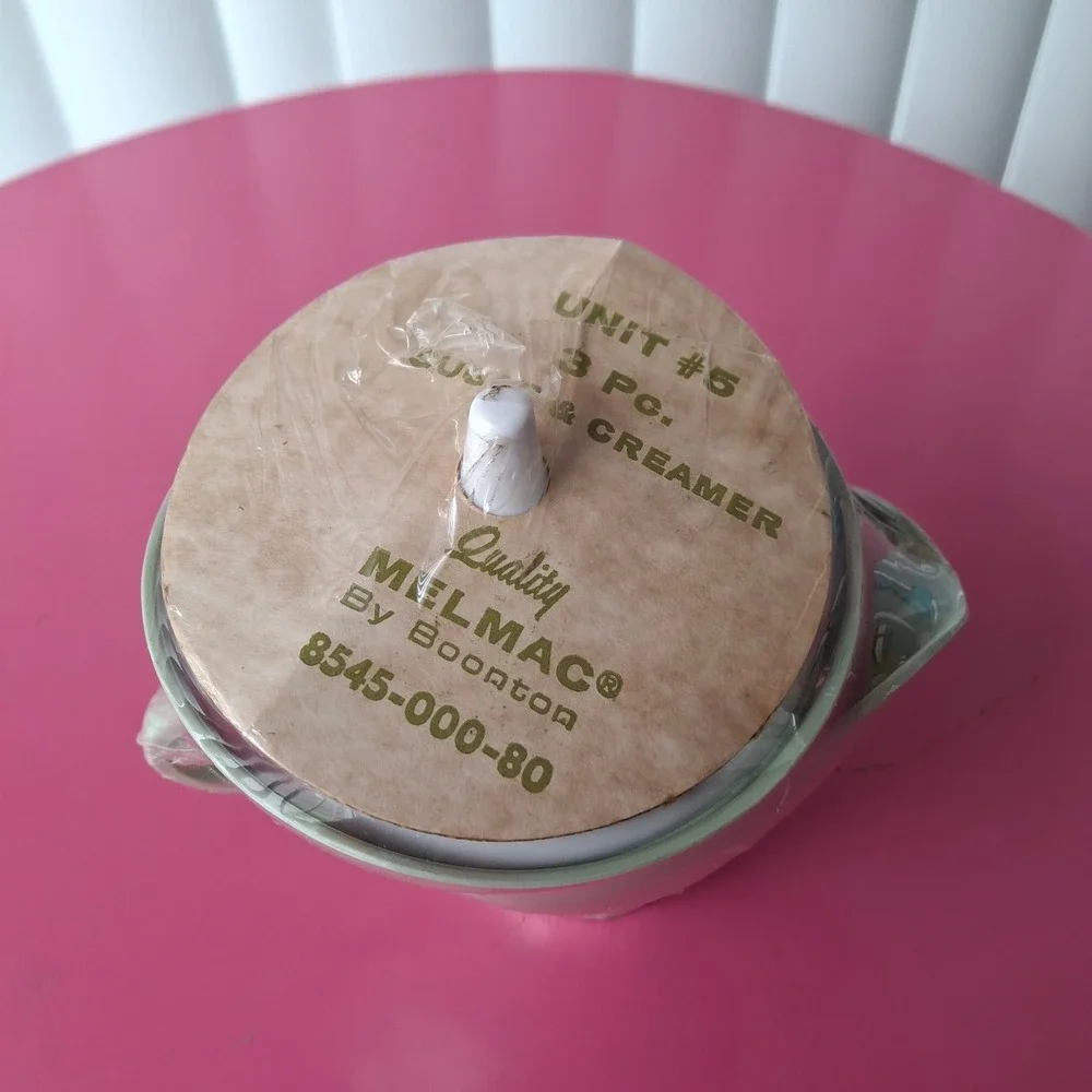 Vintage Boonton Melmac 3 Piece Sugar & Creamer Set Green White Lid MCM